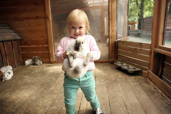 Cute Little Girl Funny Rabbit Petting Zoo — Stock Photo, Image