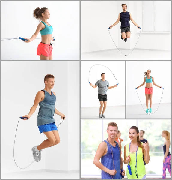 Collage di persone con corde da salto al chiuso — Foto Stock