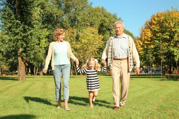 Elderly couple with granddaughter in park — Stock Photo, Image