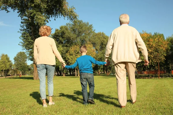 Äldre par med barnbarn i park — Stockfoto