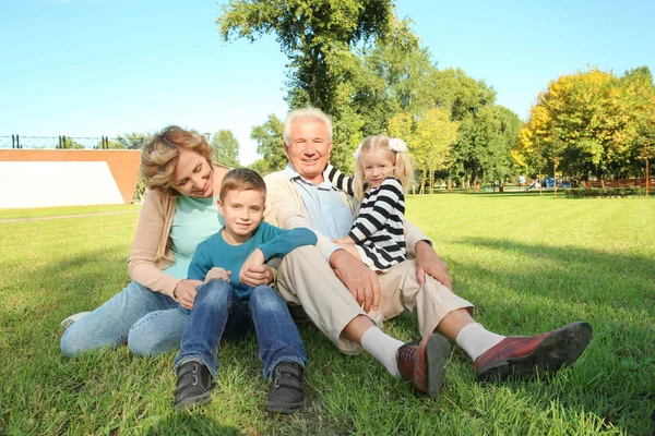 Bejaarde echtpaar met kleinkinderen in park — Stockfoto