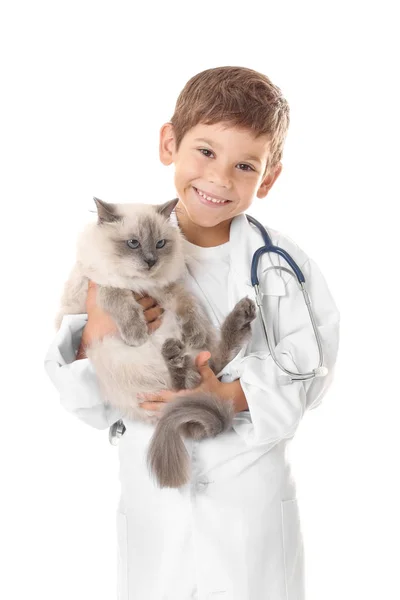 Menino em uniforme médico brincando com gato — Fotografia de Stock