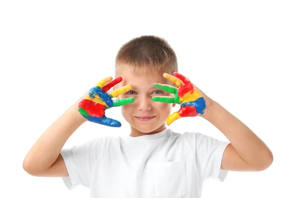 Little boy with hands in paint — Stock Photo, Image