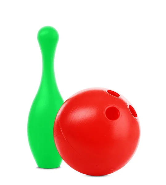 Toy bowling ball and pin on white background — Stock Photo, Image