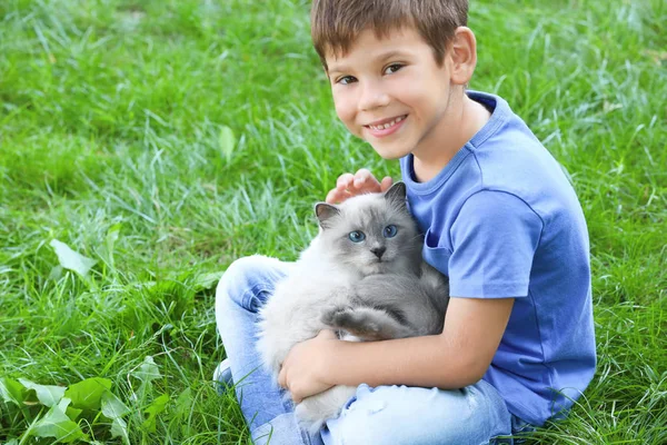 Jongetje met pluizige kat — Stockfoto