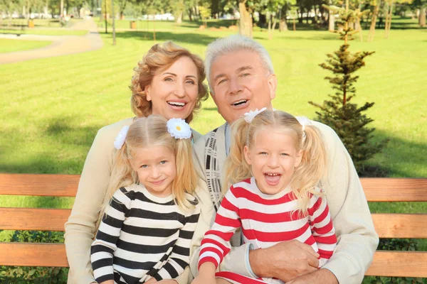 Пожилая пара с внучками в парке — стоковое фото
