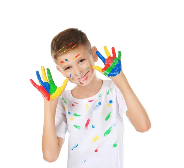 Menino bonito com as mãos em tinta sobre fundo branco — Fotografia de Stock