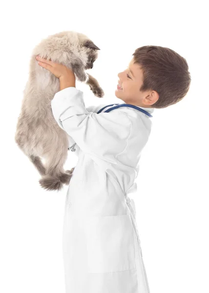 Хлопчик у лікарській формі грає з кішкою — стокове фото