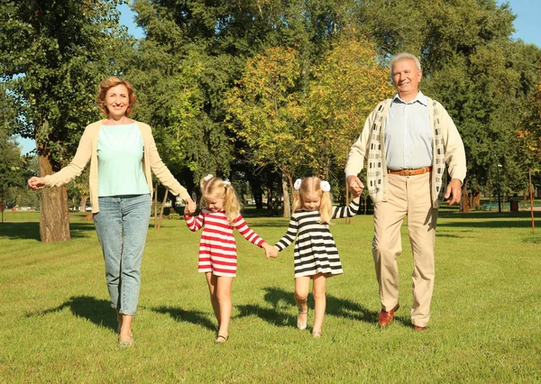 Elderly couple with granddaughters in park — Stock Photo, Image