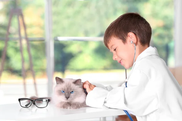 의사 고양이와 놀고 유니폼에 소년 — 스톡 사진