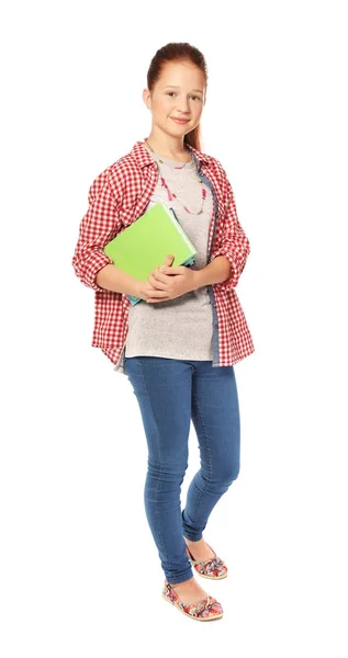 Carino adolescente ragazza con libri su sfondo bianco — Foto Stock