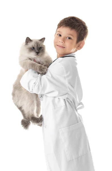 Niño en médico uniforme jugando con gato —  Fotos de Stock