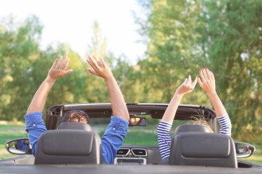 Arabadaki mutlu genç çift.