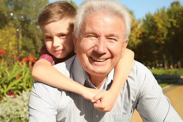 Пожилой человек с внуком в парке — стоковое фото