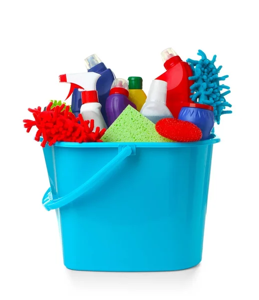 Cleaning supplies in plastic bucket — Stock Photo, Image