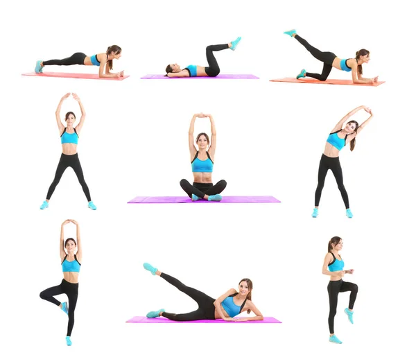 Collage with beautiful young woman doing different exercises on white background — Stock Photo, Image