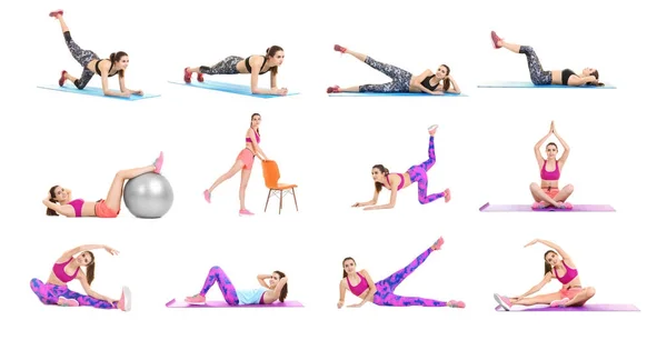 Colagem com bela jovem fazendo exercícios diferentes no fundo branco — Fotografia de Stock
