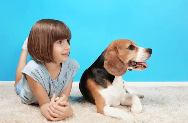 Schattig meisje met hond liggen op tapijt — Stockfoto
