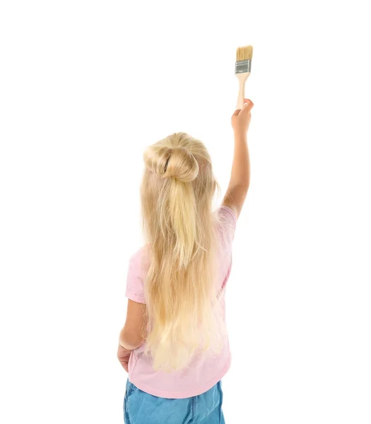 Niedliches Kleines Mädchen Mit Pinsel Auf Weißem Hintergrund — Stockfoto