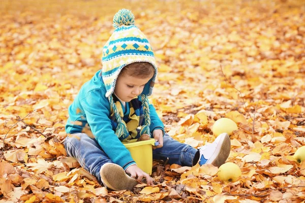 Χαριτωμένο μικρό παιδί παίζοντας στο πάρκο φθινόπωρο — Φωτογραφία Αρχείου