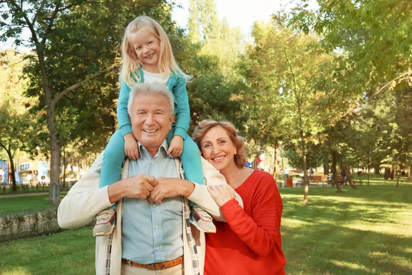 Пожилая пара с внучкой в парке — стоковое фото