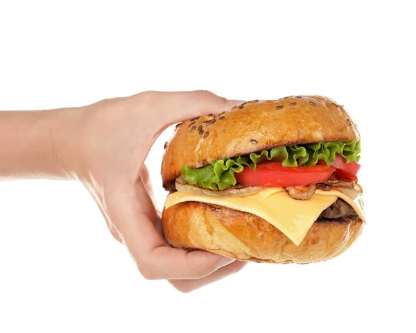 Жіноча рука зі смачним бургер — стокове фото