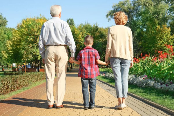 Elderly couple with grandson walking in park