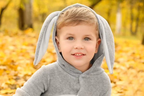 Χαριτωμένο μικρό παιδί φορώντας Κοστούμι Λαγουδίτσα στο πάρκο φθινόπωρο — Φωτογραφία Αρχείου
