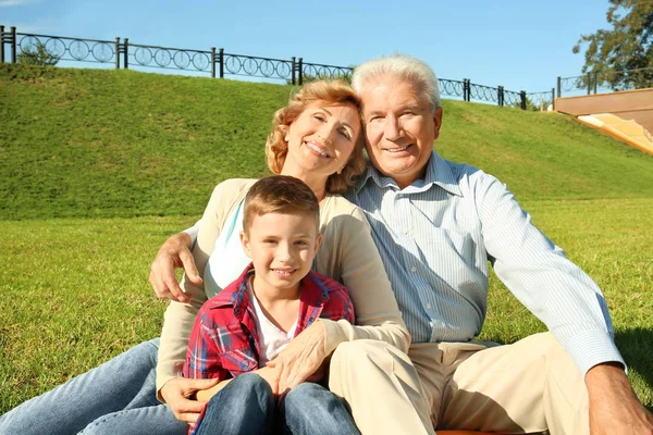 Пожилая пара с внуком в парке — стоковое фото