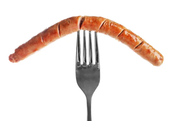 Fork with delicious grilled sausage — Stock Photo, Image