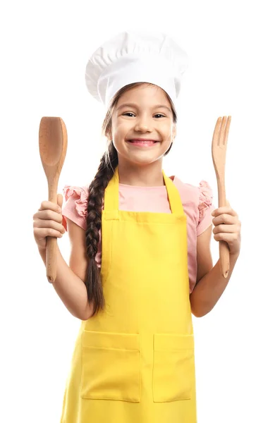 Menina bonito em chapéu chef com espátula — Fotografia de Stock