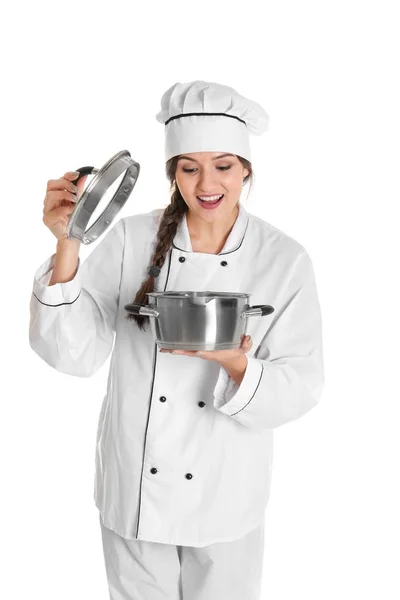 Жіночий шеф-кухар з тушкованою сковородою — стокове фото
