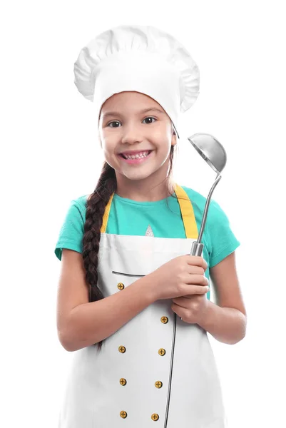 Χαριτωμένο κορίτσι στο καπέλο του σεφ με κουτάλα — Φωτογραφία Αρχείου