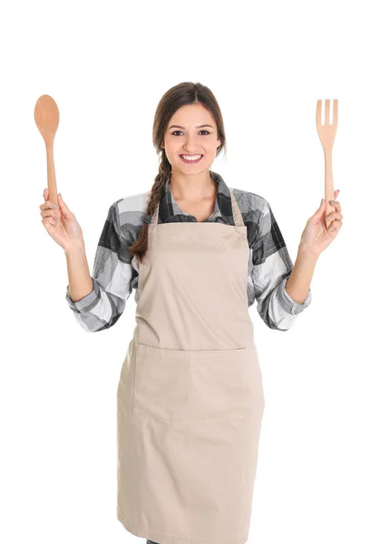 Woman with wooden fork and spoon — Stock Photo, Image