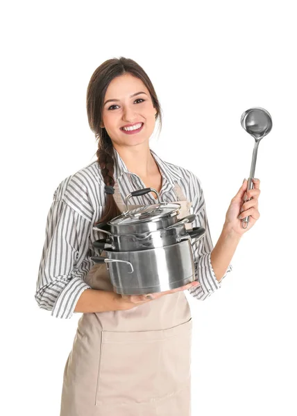Femme avec casseroles et louche — Photo