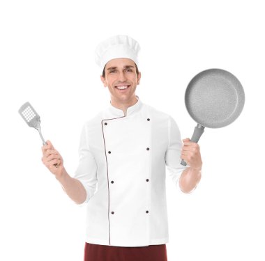 kızartma tavası ve spatula ile erkek Şef