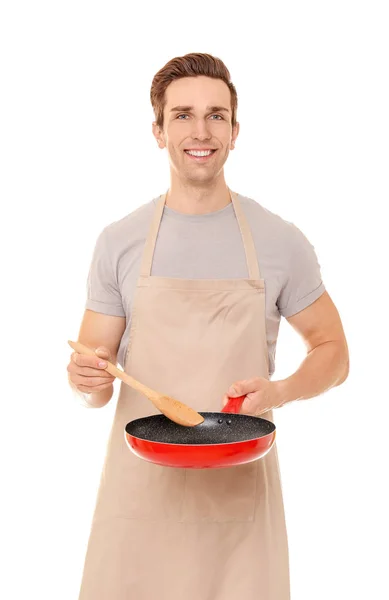 Man with frying pan and spatula — Stock Photo, Image