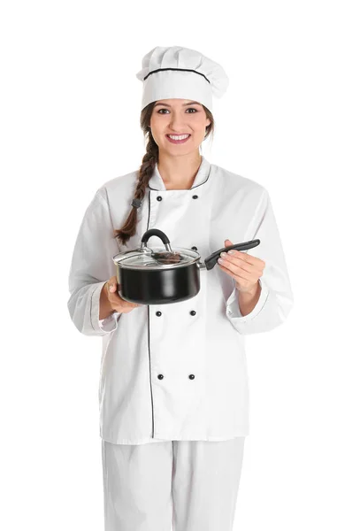 Chef feminino com panela de molho — Fotografia de Stock