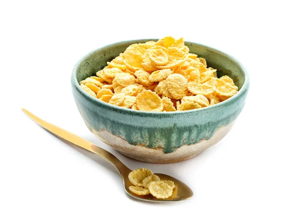 Schüssel mit Cornflakes auf weißem Hintergrund — Stockfoto