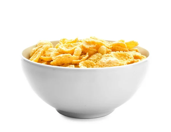 Bowl with corn flakes on white background — Stock Photo, Image