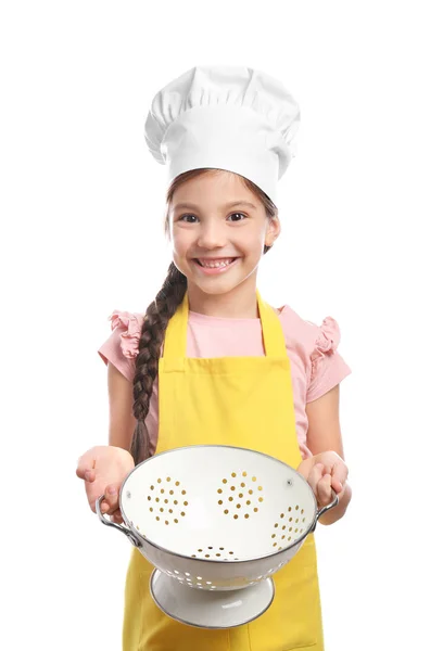 Cute girl in chef hat with colander — Stock Photo, Image