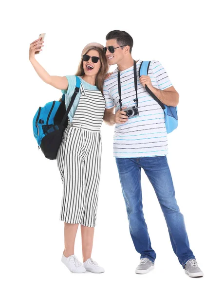 Glückliche Touristen beim Selfie — Stockfoto