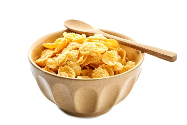 Schüssel mit Cornflakes auf weißem Hintergrund — Stockfoto