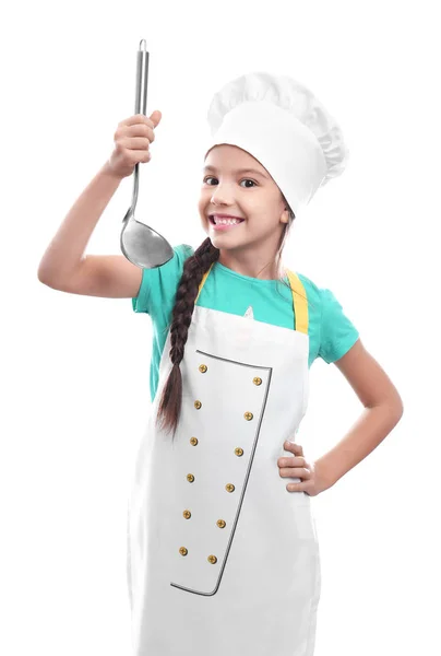 Menina bonito em chapéu de chef com concha — Fotografia de Stock