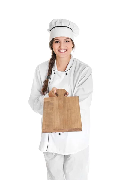 Chef feminino com placa de corte — Fotografia de Stock