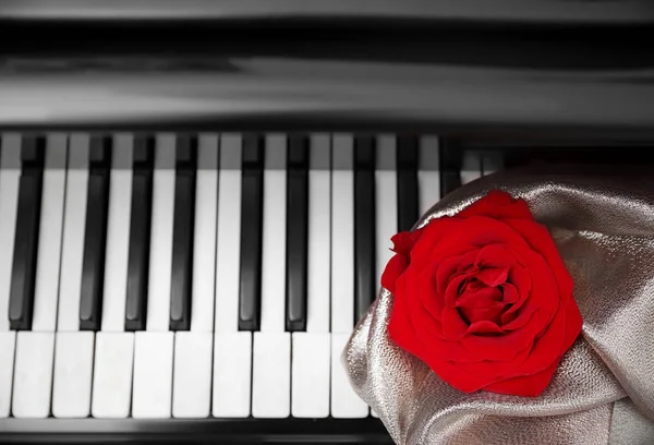 Rosa vermelha com tecido em teclas de piano — Fotografia de Stock