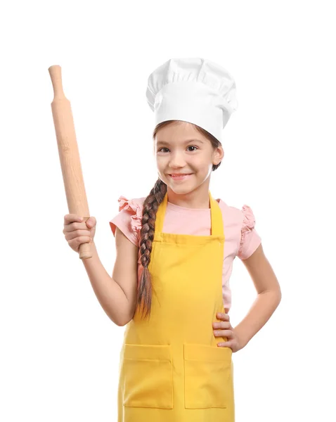 Schattig meisje in chef-kok hoed met deegroller — Stockfoto