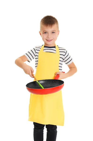 Милий хлопчик зі сковородою і шпателем — стокове фото