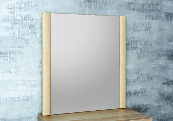 Modern mirror on table near color wall — Stock Photo, Image