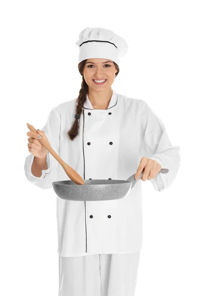 Bucătar de sex feminin cu tigaie și spatula — Fotografie, imagine de stoc